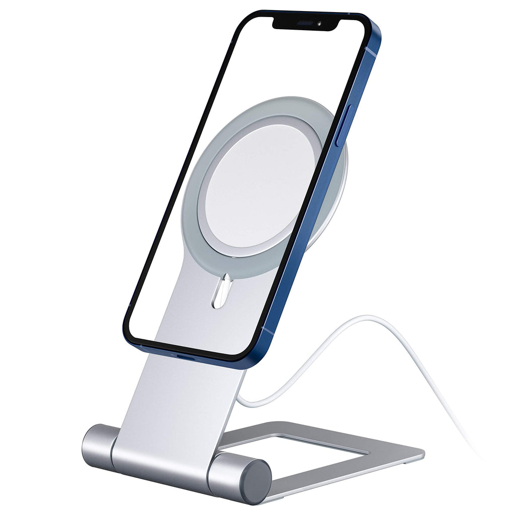 SOUNDANCE Phone Stand for MagSafe Charger, Adjustable Cell Phone Holder for Desk, Foldable Wireless Charging Dock Compatible with Apple iPhone 12 / 12 Mini / Pro / Pro Max, Silver