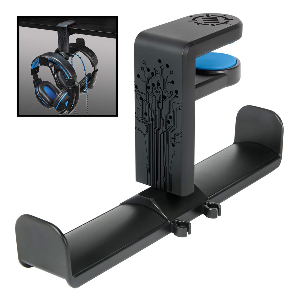 ENHANCE PC Gaming Dual Headphone Holder - Clip-On Desk Headphone Hanger Holder with Adjustable 360 Rotation, Under Desk Headset Clamp, Universal Fit, & Double Cable Loops Organizer with Silicone Pads
