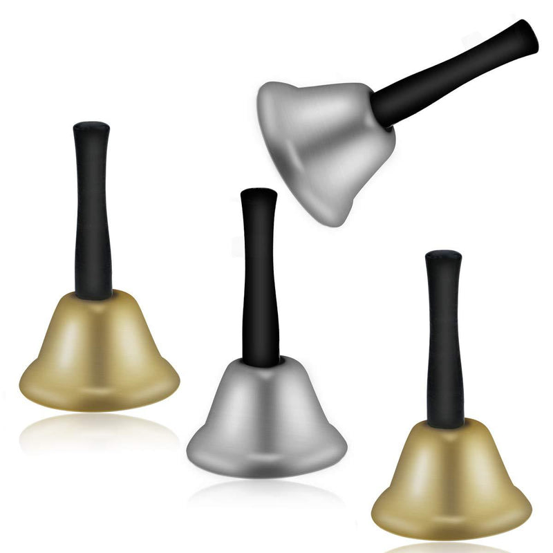 MotBach 4 PCS Metal Hand Bells, Black Wooden Handle Diatonic Call Bells Gold and Pewter Wedding Bell Dinner Bell Musical Percussion for Wedding, Decoration, Jingles, Alarm(3 Inch in Diameter)