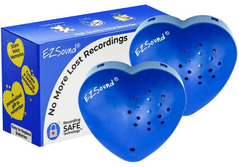 EZSound Teddy Bear Voice Recorder | 2 Pack - 30 Seconds Toy Voice Box for Stuffed Animal | Create Your own Recordable Gifts or Heartbeat Bear | Recording Safe Technology Heart Message Box (Blue) 2Pack - Blue