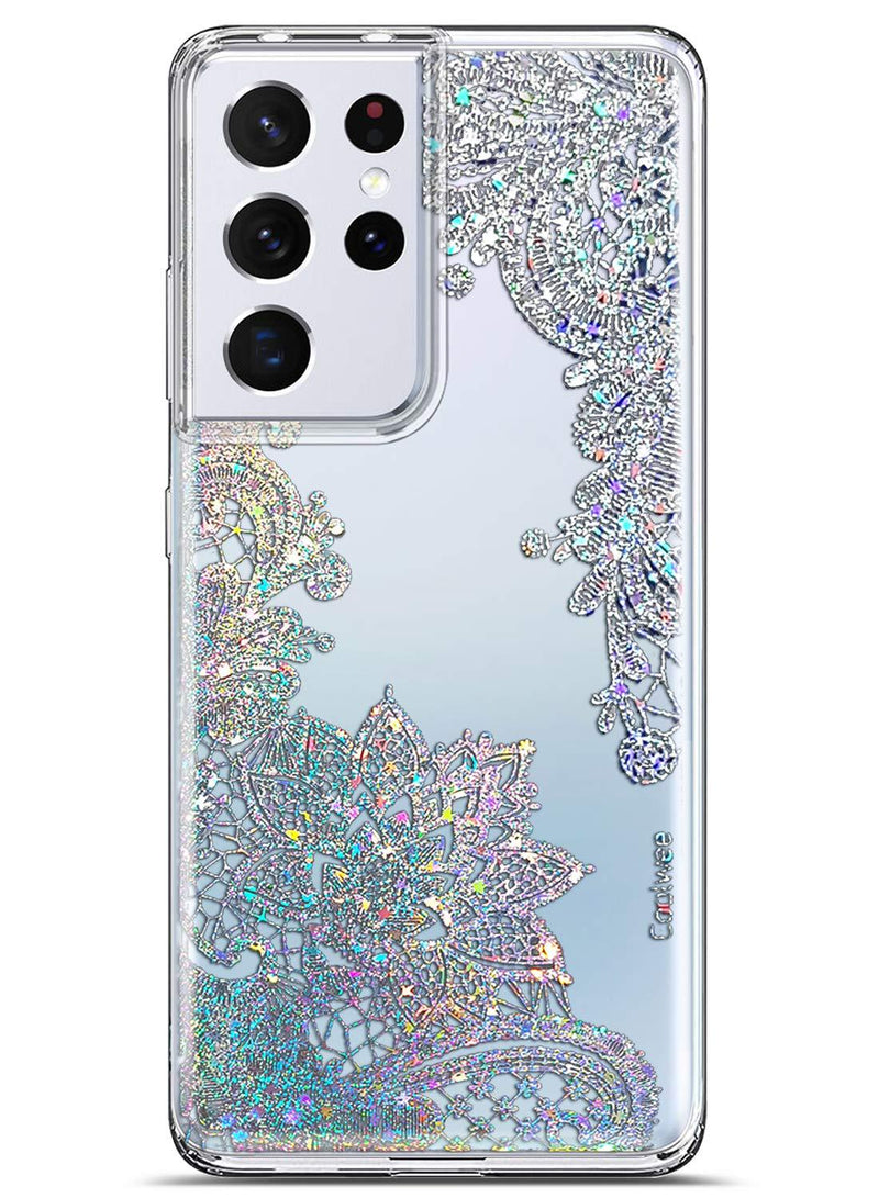 Coolwee Clear Glitter for Galaxy S21 Ultra Case Thin Flower Slim Cute Crystal Lace Bling Women Girl Floral Plastic Hard Back Soft TPU Bumper Protective Cover for Samsung Galaxy S21 Ultra Mandala Henna