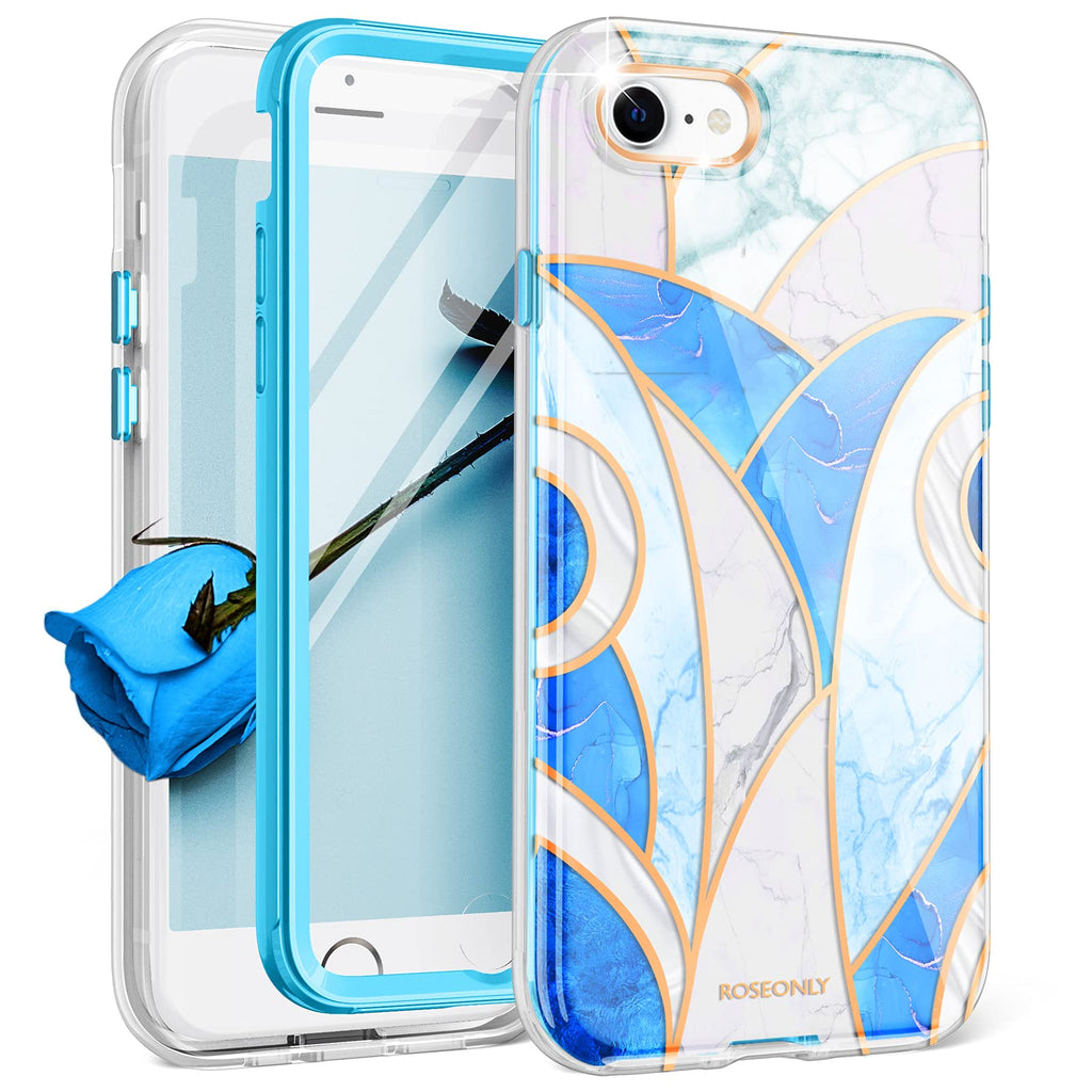 Roseonly Designed for iPhone SE 2020 Case/iPhone 7 Case/iPhone 8 Case 4.7 Inch, Slim Stylish Protective Marble Cover with Built-in Tempered Glass Screen Protector - Blue