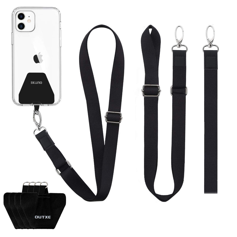 Phone Lanyard with Adhesive, 2× Adjustable Neck Lanyard, 1× Wrist Strap, 4× Durable Pads with Adhesive, Nylon Mobile Phone Lanyard Compatible with Samsung, iPhone and All Smartphones ( Black )