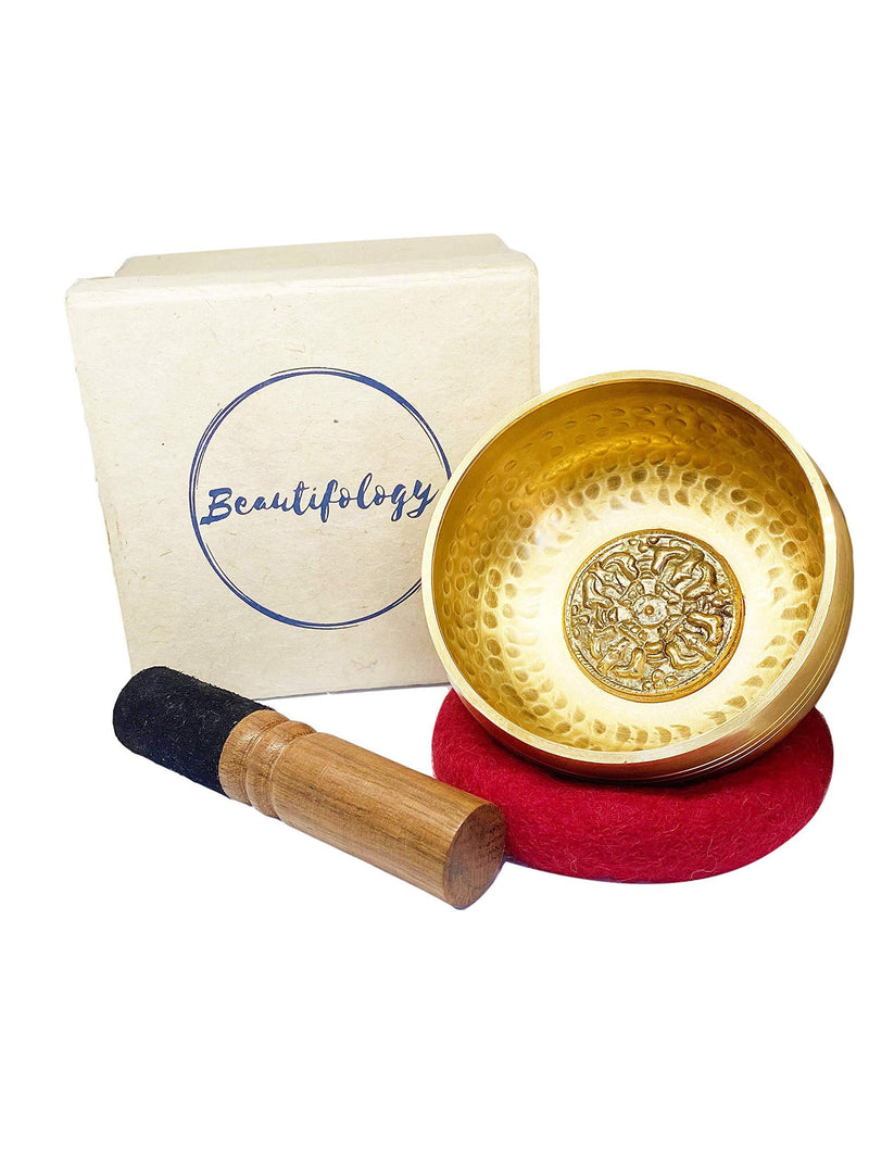 Beautifology Handcrafted Singing Bowls with Sacred Design 4 inch Tibetan Singing Bowl Set Meditation Set including Handmade Cushion dual ended Striker Gift Box for Relaxing Yoga Healing