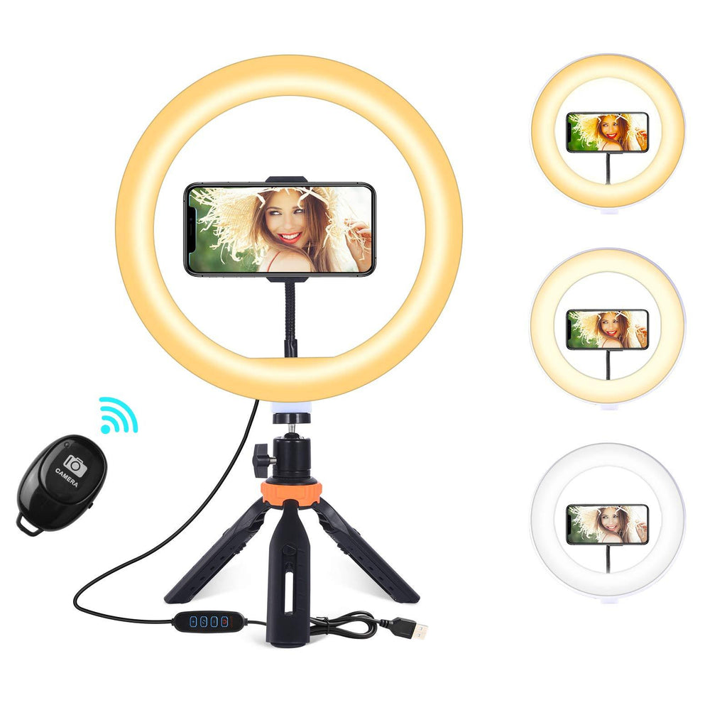 LED Ring Light 10" with Tripod Stand & Phone Holder for Live Streaming & YouTube Video, Dimmable Desk Makeup Ring Light for Photography, Shooting with 3 Light Modes & 10 Brightness Level (10 inches)