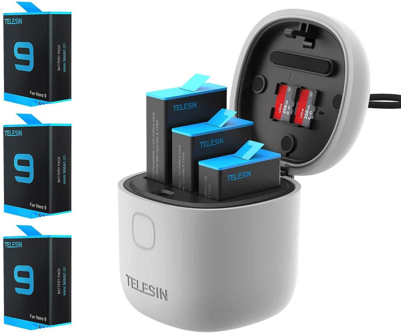 TELESIN AllinBox Battery Charger for Hero 9, with High Speed USB 3.0 SD Card Reader Function, Waterproof Storage Carry Case for GoPro Hero 9 Black,IP54 Grade Waterproof (Charger + 3 Batteries) Charger + 3 batteries