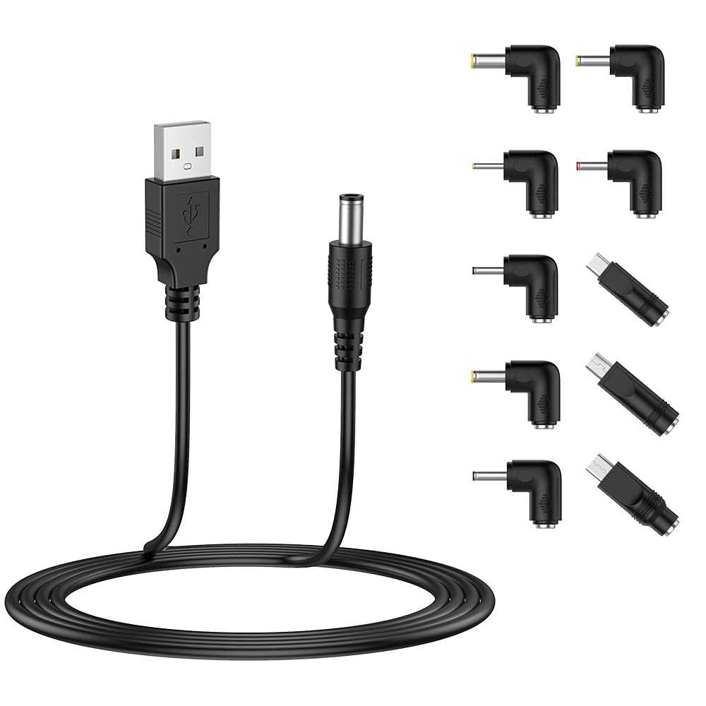 LIANSUM USB to DC 5V Power Cord, Universal DC 5.5x2.1mm Plug Jack Charging Cable with 10 Connector Tips(5.5x2.5, 4.8x1.7, 4.0x1.7, 4.0x1.35, 3.5x1.35, 3.0x1.1, 2.5x0.7, Micro USB, Type-C, Mini USB)5FT 10 in 1