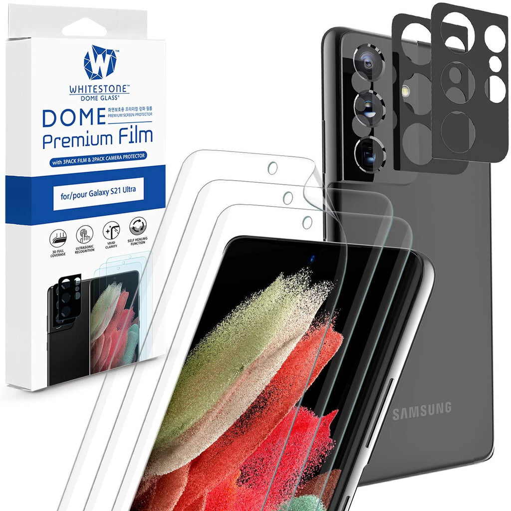 [3+2 Pack] [Dome Premium Film] Galaxy S21 Ultra Flexible TPU Film Screen Protector by Whitestone, 2 Pack Camera Lens Protectors and 3 Pack Film Screen Protectors- Five Pack