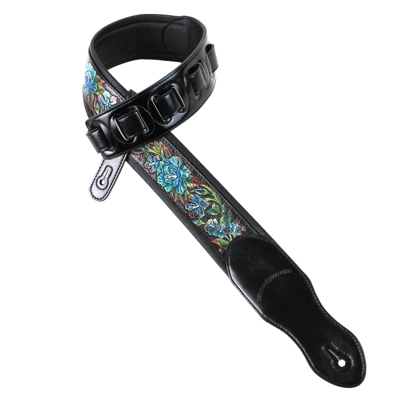 Walker And Williams KB-11 Gloss Black Strap w/Carved Cyan Blue Roses On Grain Leather