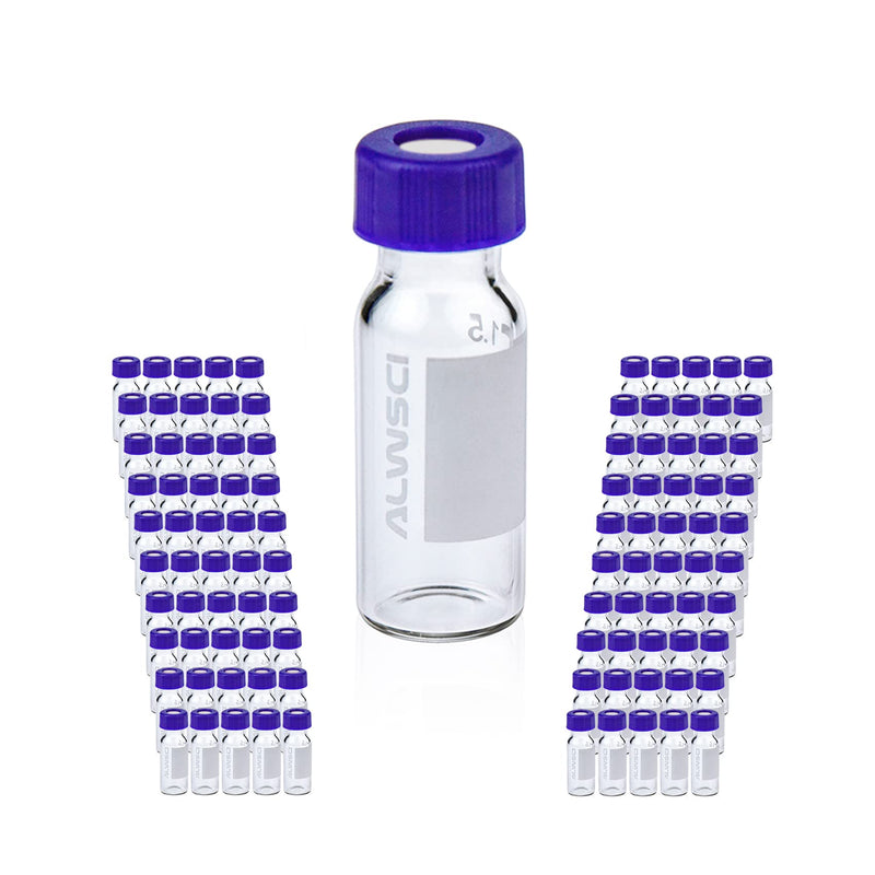 ALWSCI 2ml Clear Autosampler Vial, HPLC Vial with Writing Area, 9-425 Screw Cap, 9mm Blue PTFE & White Silicone Liner, 100pcs/pk Clear with Blue PTFE White Silicone