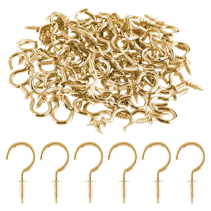 ASTARON 1/2 Inch 100 PCS Metal Ceiling Hooks Brass Plated Hook Holder Screw Hooks for Hanging (Gold) Gold
