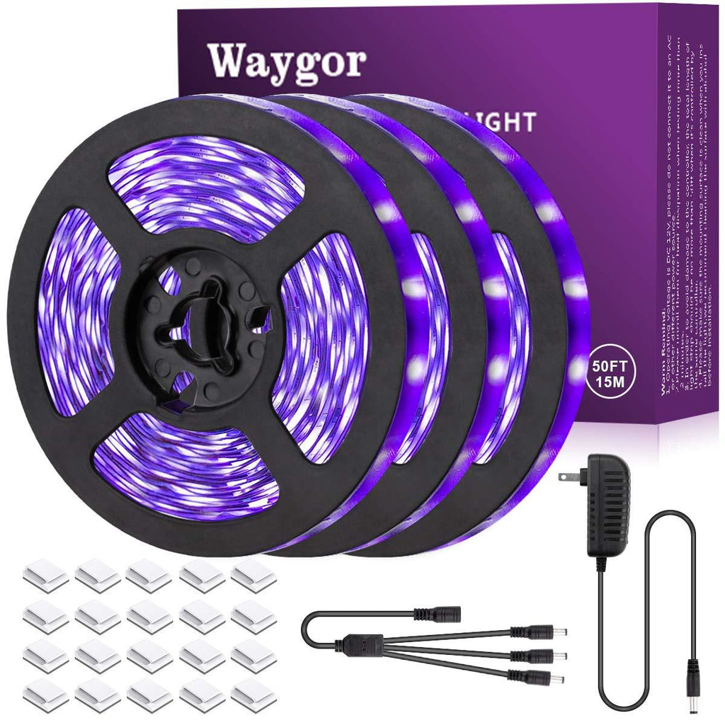 50ft LED UV Black Light Strip Kit - Waygor UV LED Light Strip 395nm to 405nm Black Light UV LED Strip Light, 12V Flexible Blacklight Fixtures, Non-Waterproof for Dance, Party, Stage Light, Body Paint