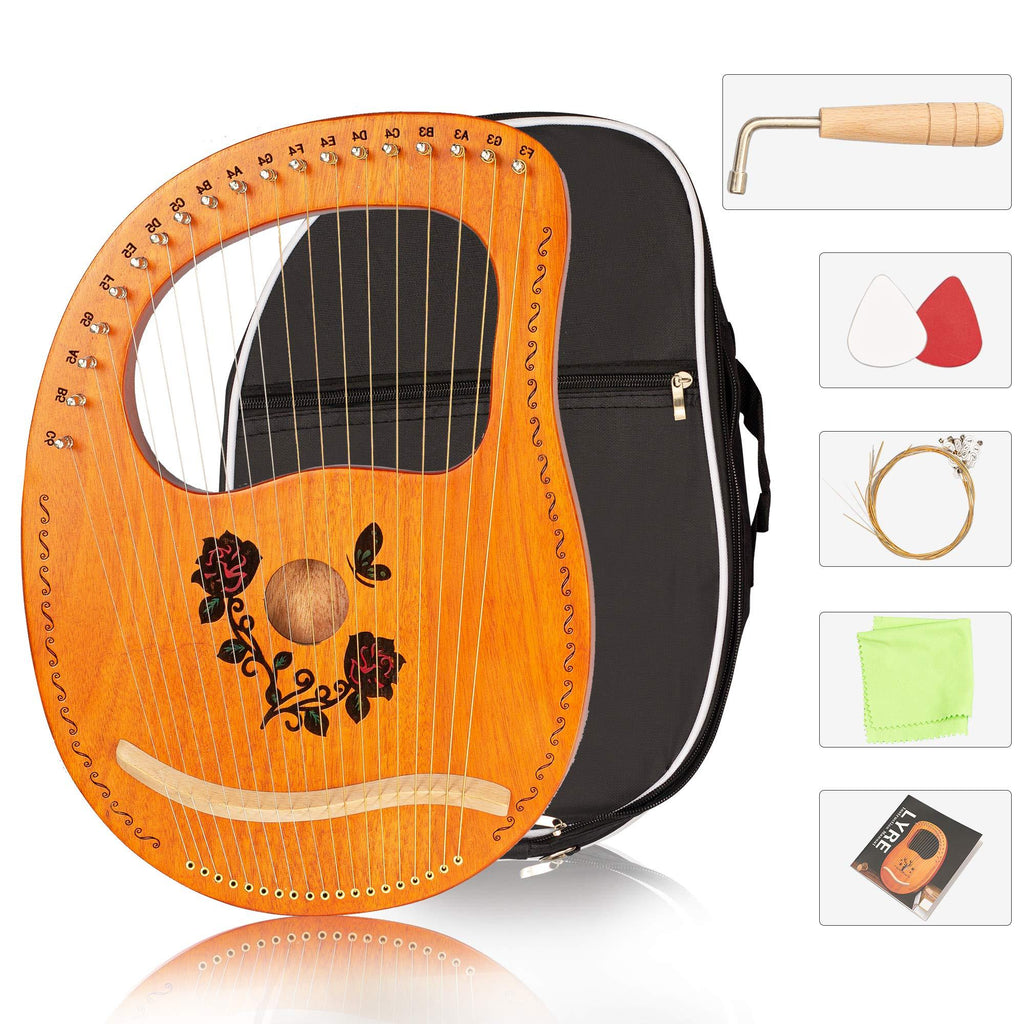 Cuecutie Lyre Harp 19 String Wood Rose Harp Portable Solid Mahogany Harp String Instrument with Black Bag Strings Carry Cloth Sheet Music Pick Tuning Wrench (Rose)