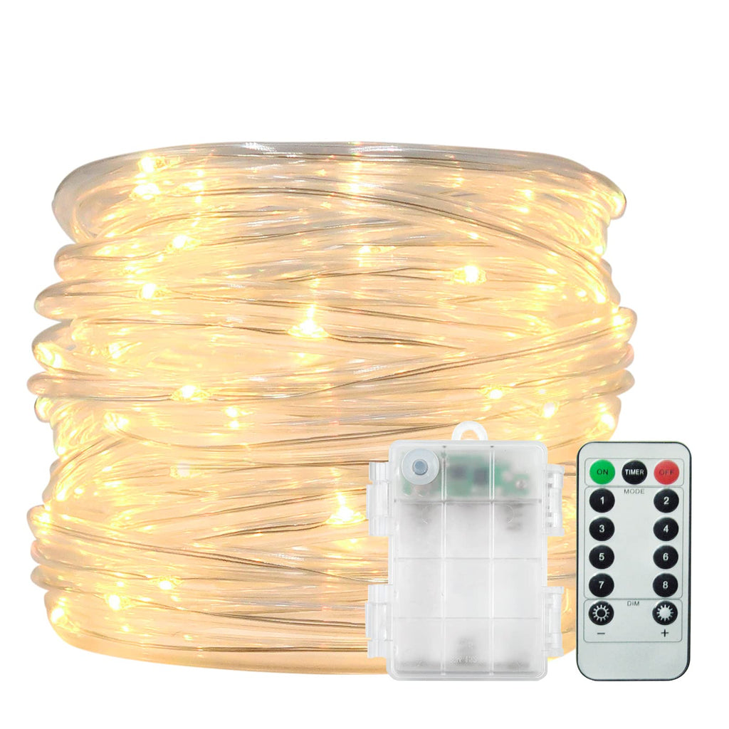 echosari 16.4Ft 50LED Rope Lights Battery Operated with Remote, Timer, 8 Modes, Dimmable, Outdoor Garden String Fairy Lights Waterproof, Warm White Led Rope Lights Indoor Decoration