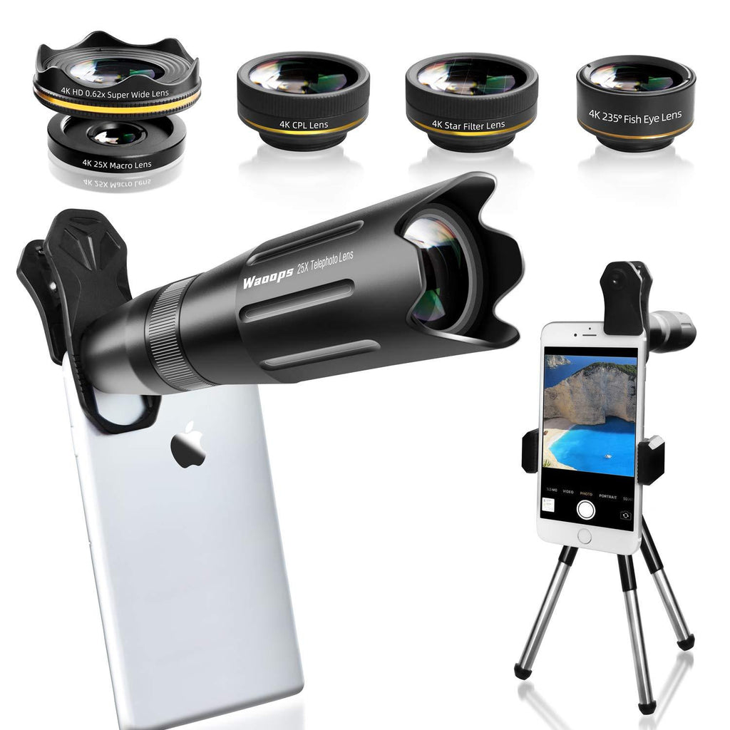 Waoops Phone Camera Lens iPhone Lens Kit 6 in 1, 25X Telephoto Lens, 235° Fisheye Lens, 0.62X Wide Angle Lens, 25X Macro Lens, CPL Lens, Star Filter lens with Tripod for iPhone Samsung Huawei (6 in 1)