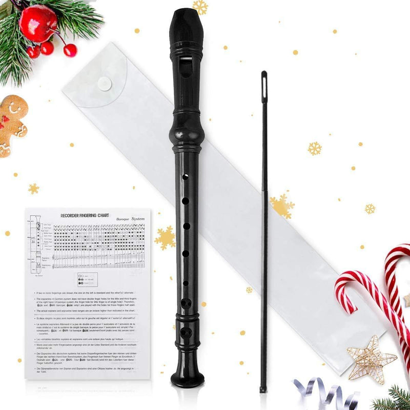 Kid's flute instrument, 8-hole soprano music recorder, with cleaning pole + case bag instrument (Black) Black