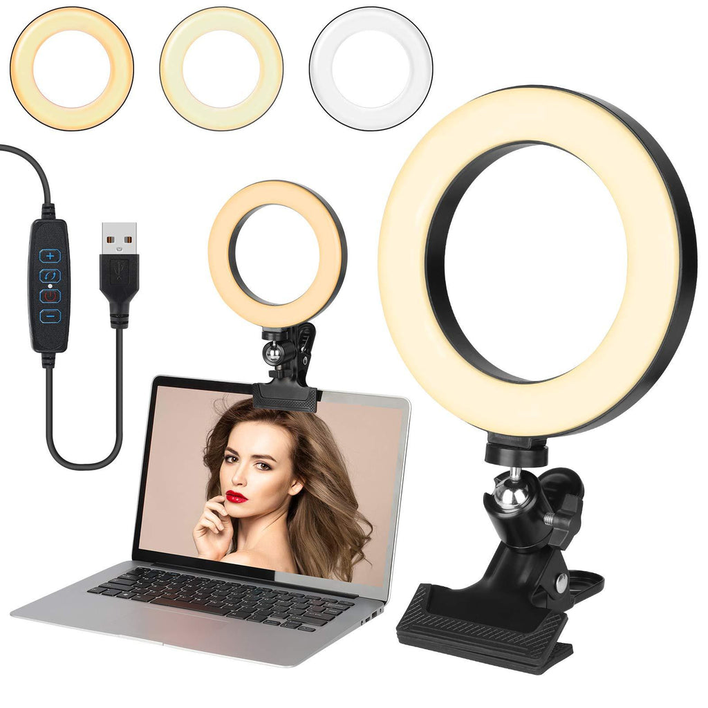 Video Conference Lighting, 6" Selfie Ring Light with Clamp Mount, Led Ring Light with 3 Light Modes & 10 Brightness Level for Laptop, Desk, Bed, Makeup, Zoom Meeting, Live Stream, YouTube, Photography Type-A