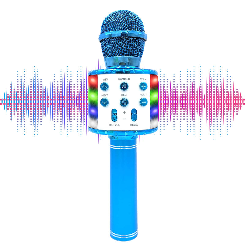 REEKIO 6-in-1 Wireless Bluetooth Karaoke Microphone, Portable Handheld Karaoke Machine Mic Speaker Music Player with LED Lights for KTV Home Christmas Birthday Party Gifts for Kids Adults (Blue) Blue