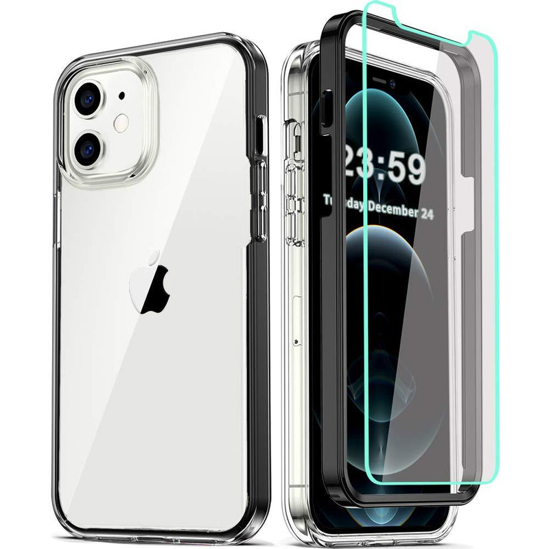 COOLQO Compatible for iPhone 12 /iPhone 12 Pro Case 6.1 Inch, with 2 x Tempered Glass Screen Protector Clear 360 Full Body Silicone Protective Shockproof for iPhone 12/12 Pro Cases Phone Cover Black