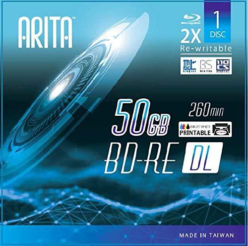 1 Pack Arita BD-RE DL Rewritable 50GB Double Layers 2X 260Min White Inkjet Hub Printable Blank Disc w/Jewel Case