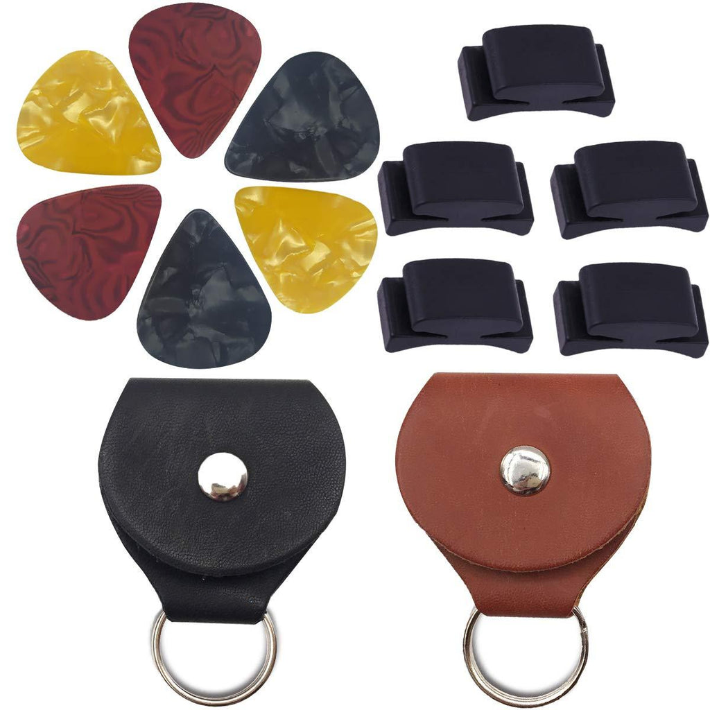 6 PCS Guitar Picks and Leather Key Chain Pick Holder Cases (Black, Grey), Headstock Rubber Guitar Pick Holder (5 Pack) For Guitar, Bass, Ukulele, Banjo and Mandolin