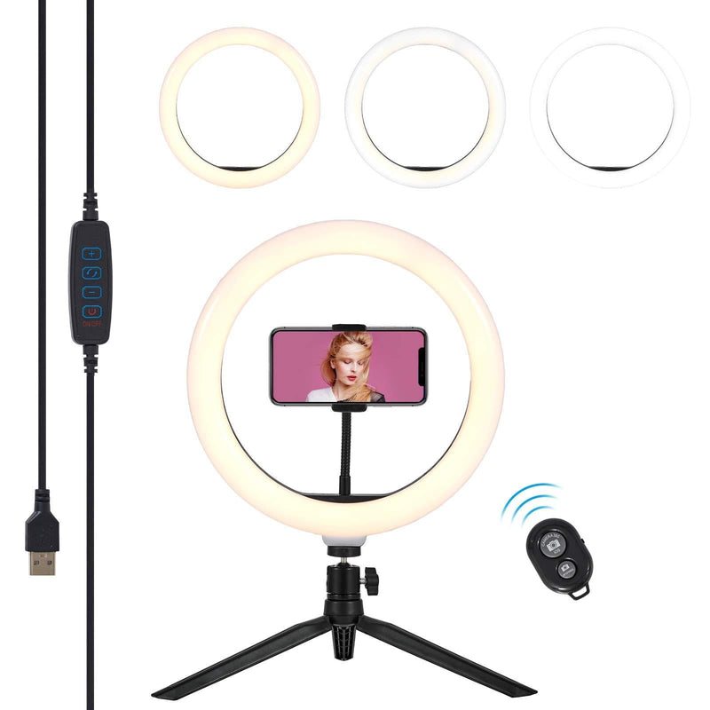 10" Selfie Ring Light with Tripod Stand&Phone Holder Tri-Color Light Modes Dimmable Desktop LED Circle Light Bluetooth Remove Control LED Camera Light for YouTube Video Live Stream Makeup Photography