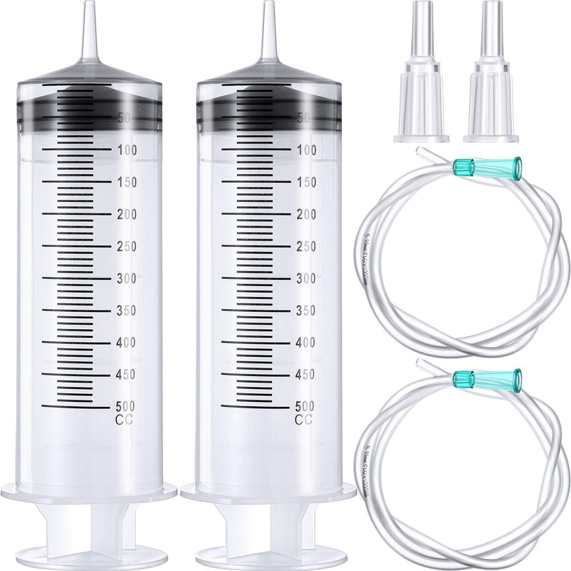 BBTO 2 Pieces Large Plastic Syringe with Tube 2 Pieces 40 Inch Handy Plastic Tubing and 2 Pieces Connections for Scientific Lab, Glue Dispensing, Watering, Refilling, Feeding and Measuring (500 ML) 500 ML
