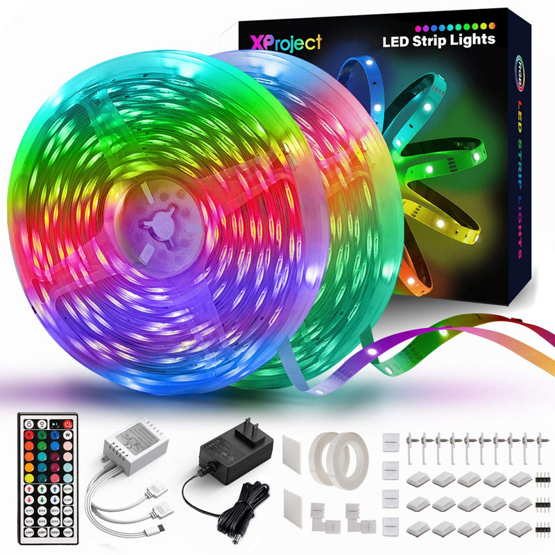 65.6ft LED Strip Lights, XProject LED Lights for Bedroom, 5050 RGB Flexible Color Changing Tape Lights with Remote, DIY Color Options Ideal for TV, Party, and Home Decoration (2 Rolls of 32.8ft)