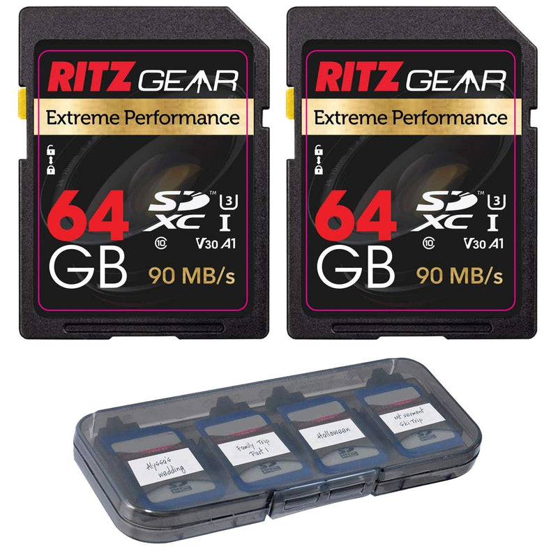 RITZ GEAR Extreme Performance High Speed UHS-I SDXC 64GB 90/45 MB/S U3 A1 C10 V30 MemoryCard(2 Units) Designed for SDDevices That can Capture Full HD,3D,and4K Video as Well as raw Photography+SD Case 2 PACK