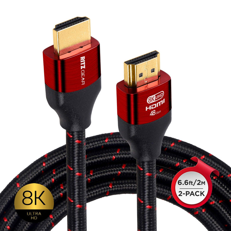 Ritz Gear 2-Pack HDMI 2.1 Cable, 6.6 Ft. Long Black/Red Flexible Nylon Braided Ultra High Speed 8K hdmi 48Gbps Cord with eARC HDR10 4:4:4 HDCP 2.2&2.3 Dolby Compatible w/Apple TV, 8K TV & 8K Monitor 2 Pack