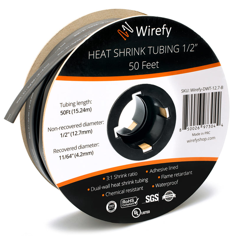 Wirefy 1/2" Heat Shrink Tubing - 3:1 Ratio - Adhesive Lined - Marine Grade Heat Shrink - Black - 50 Feet Roll 1/2" - 50 Feet