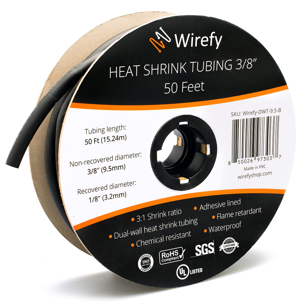 Wirefy 3/8” Heat Shrink Tubing - 3:1 Ratio - Adhesive Lined - Industrial Marine Heat Shrink Tubing Roll - Black - 50 Feet Roll 3/8" - 50 Feet