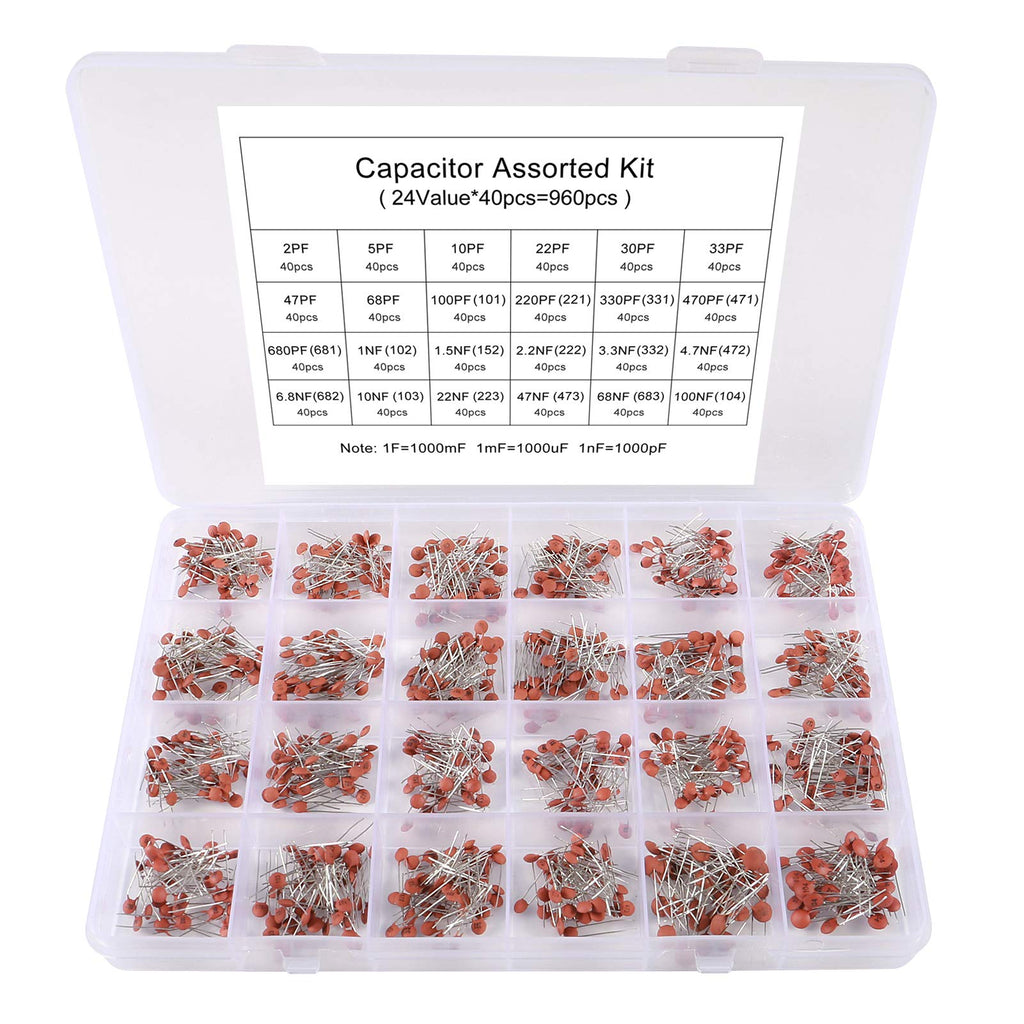 24 Values 960Pcs Ceramic Capacitor Assortment Kit Range 2pF-0.1uF 50V, DIP Monolithic Multilayer Ceramic Chip DIY Electronic Capacitors with Box