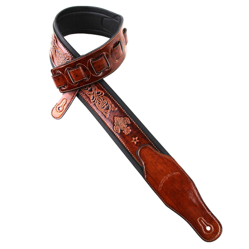 Walker And Williams GB-22 Bourbon Brown Padded Leather Strap with Fleur De Lis & French Chain Design