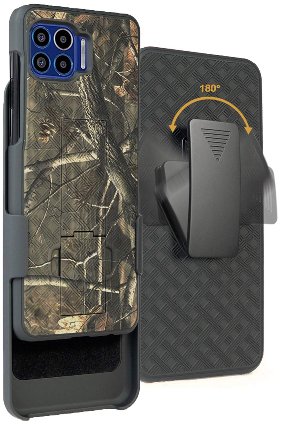 Case with Clip for Moto One 5G, Nakedcellphone [Outdoor Camouflage] Tree Leaf Real Woods Camo Cover with Kickstand and Belt Hip Holster for Motorola Moto One 5G UW Phone XT2075 (aka Moto G 5G Plus)