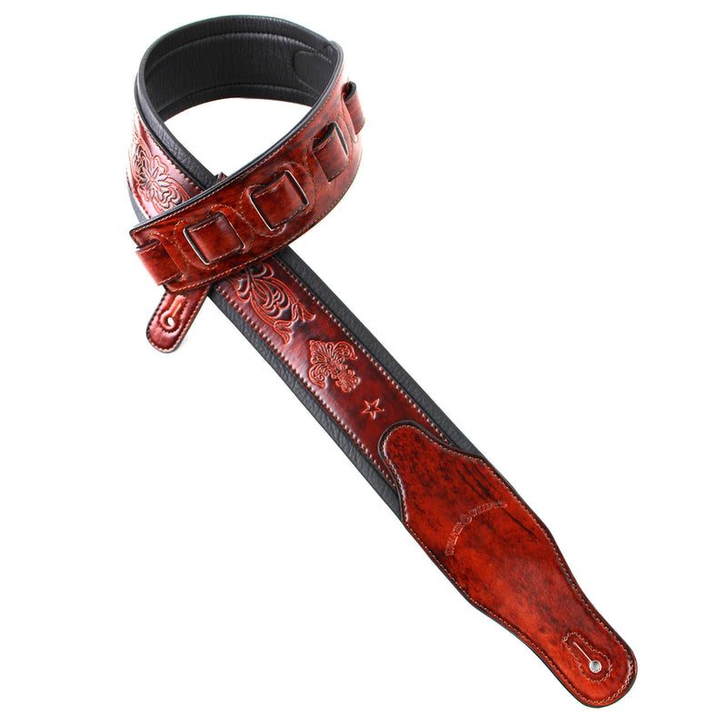 Walker And Williams GB-21 Red Bourbon Padded Leather Strap with Fleur De Lis & French Chain Design