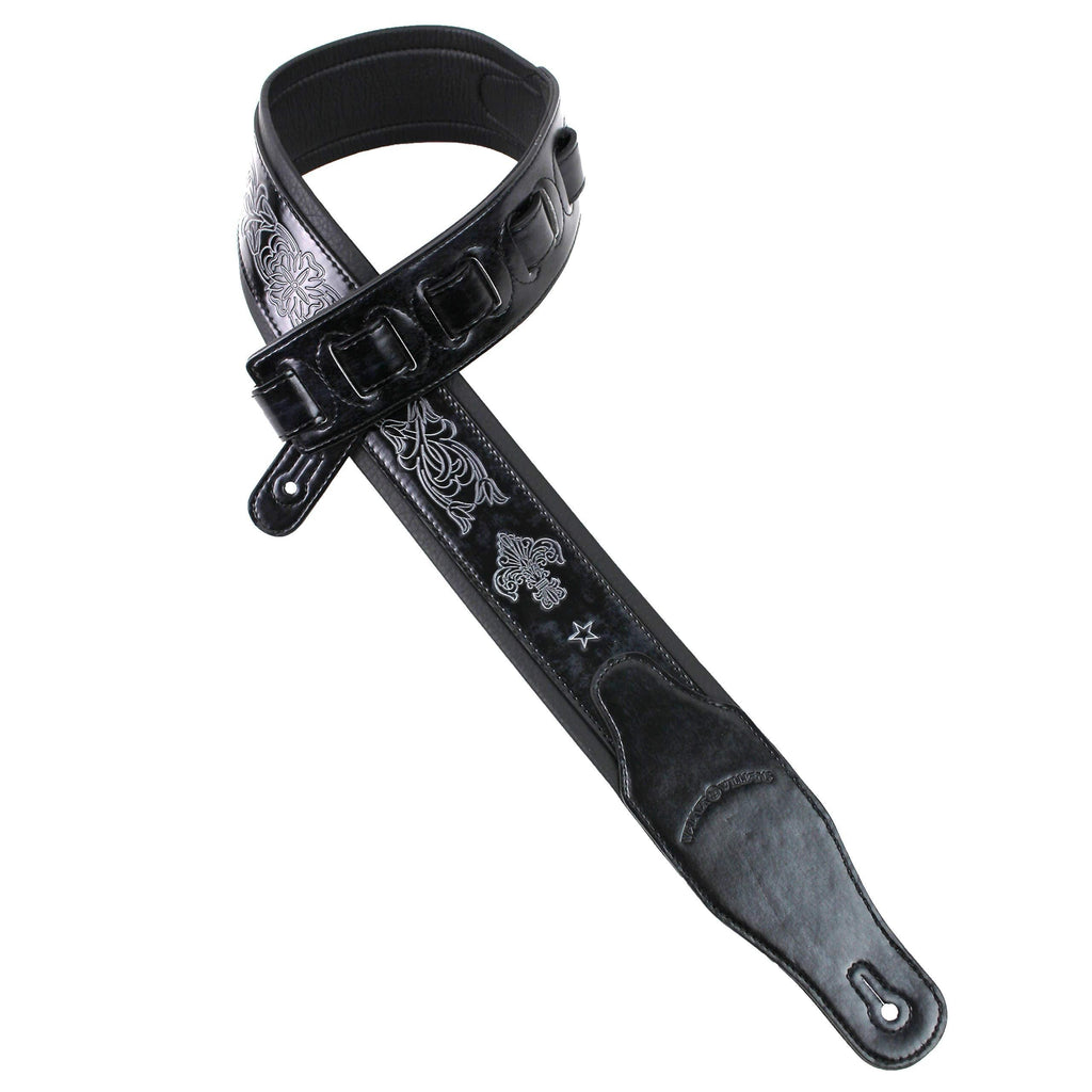Walker And Williams GB-20 Denim Black Padded Leather Strap with Fleur De Lis & French Chain Design