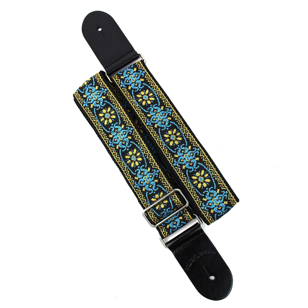 Walker And Williams H-01-MET Vintage Series Blue And Gold Mandala Woven Guitar Strap with Chrome Hardware & Leather Ends
