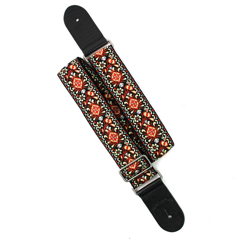 Walker And Williams H-31-MET Vintage Series Red Orange, Black And Gold Mandala Woven Strap with Chrome Hardware & Leather Ends