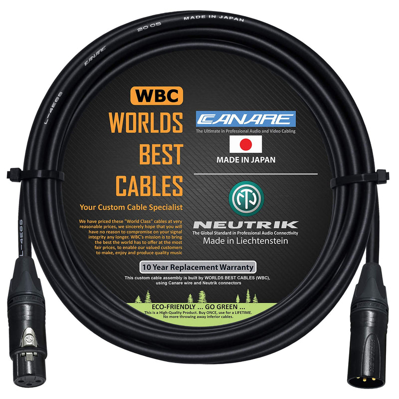 12 Foot – Quad Balanced Microphone Cable Custom Made by WORLDS BEST CABLES – Using Canare L-4E6S Wire and Neutrik Gold NC3MXX-B Male & NC3FXX-B Female XLR Plugs