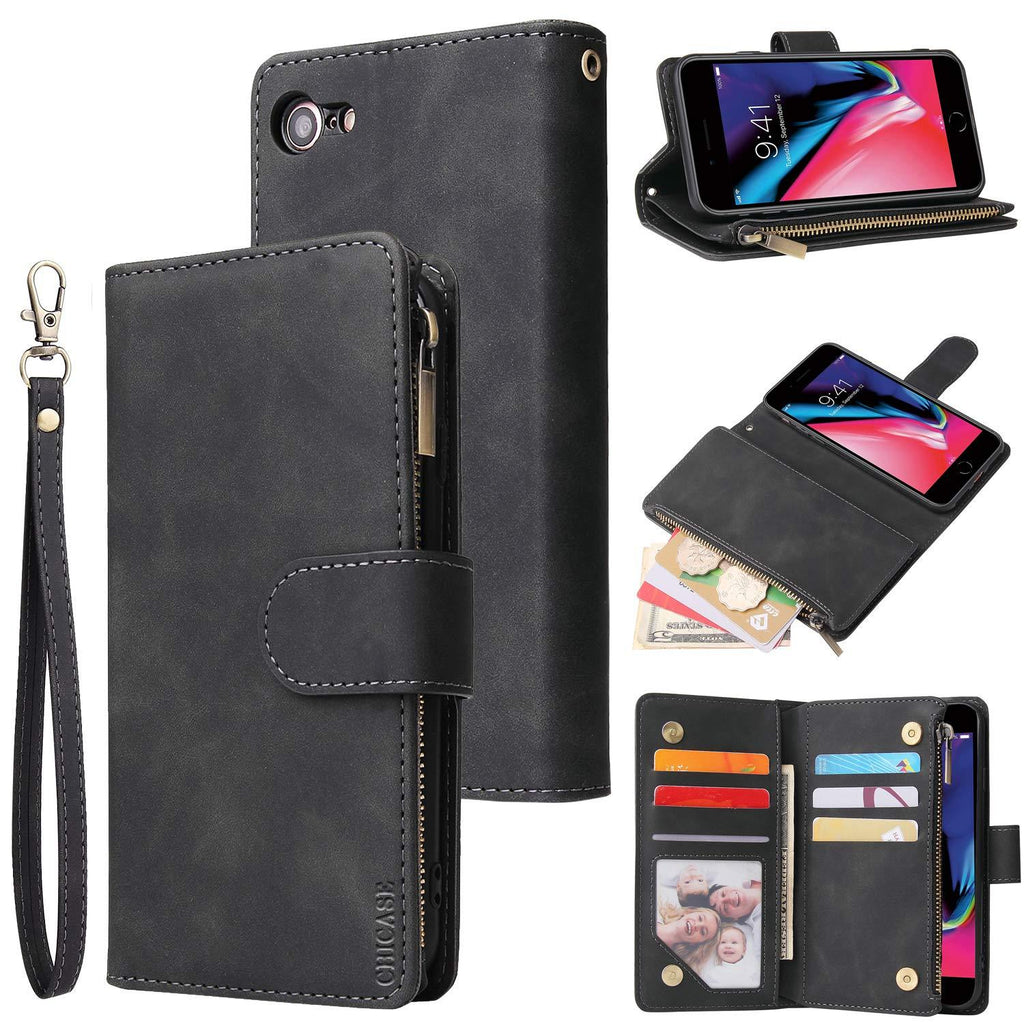 CHICASE Wallet Case for iPhone 6,iPhone 6s Case,Leather Handbag Zipper Pocket Card Holder Slots Wrist Strap Flip Protective Phone Cover for Apple iPhone 6/6S(Black) Black