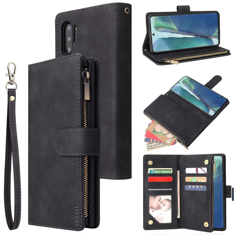 CHICASE Wallet Case for Galaxy Note 10,Samsung Note 10 Case,Leather Handbag Zipper Pocket Card Holder Slots Wrist Strap Flip Protective Phone Cover for Samsung Galaxy Note 10(Black) Black