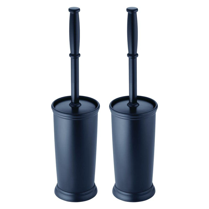 mDesign Compact Freestanding Plastic Toilet Bowl Brush and Holder for Bathroom Storage and Organization - Space Saving, Sturdy, Deep Cleaning, Covered Brush - 2 Pack - Navy