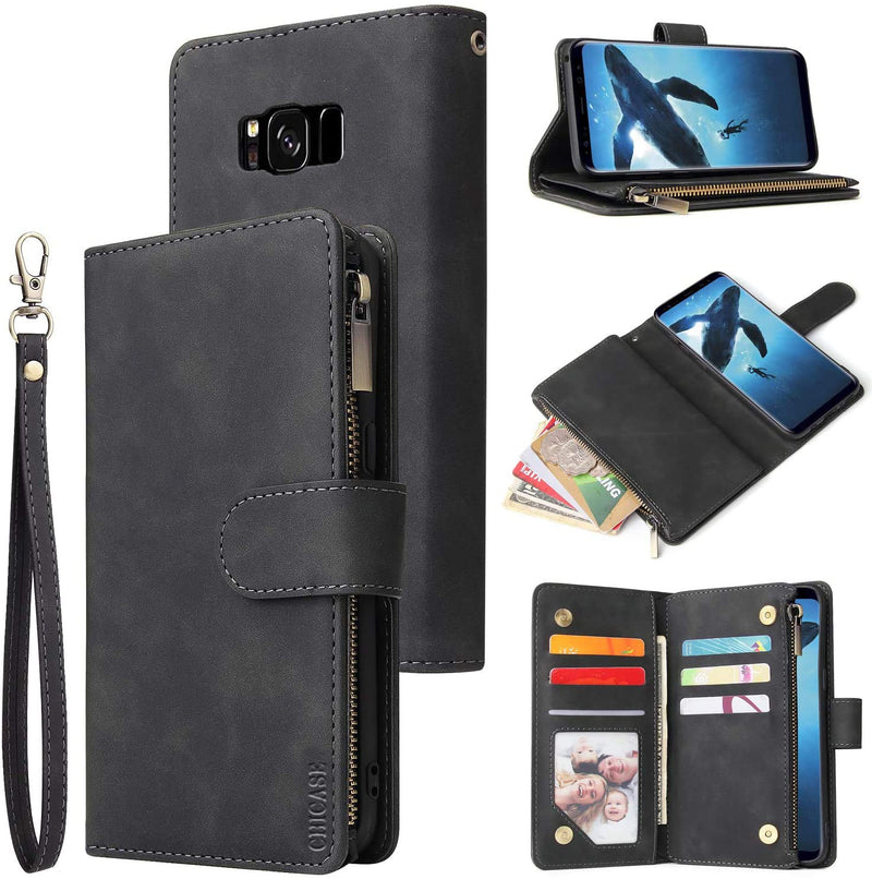 CHICASE Wallet Case for Galaxy S8,Samsung S8 Case,Leather Handbag Zipper Pocket Card Holder Slots Wrist Strap Flip Protective Phone Cover for Samsung Galaxy S8(Black) Black