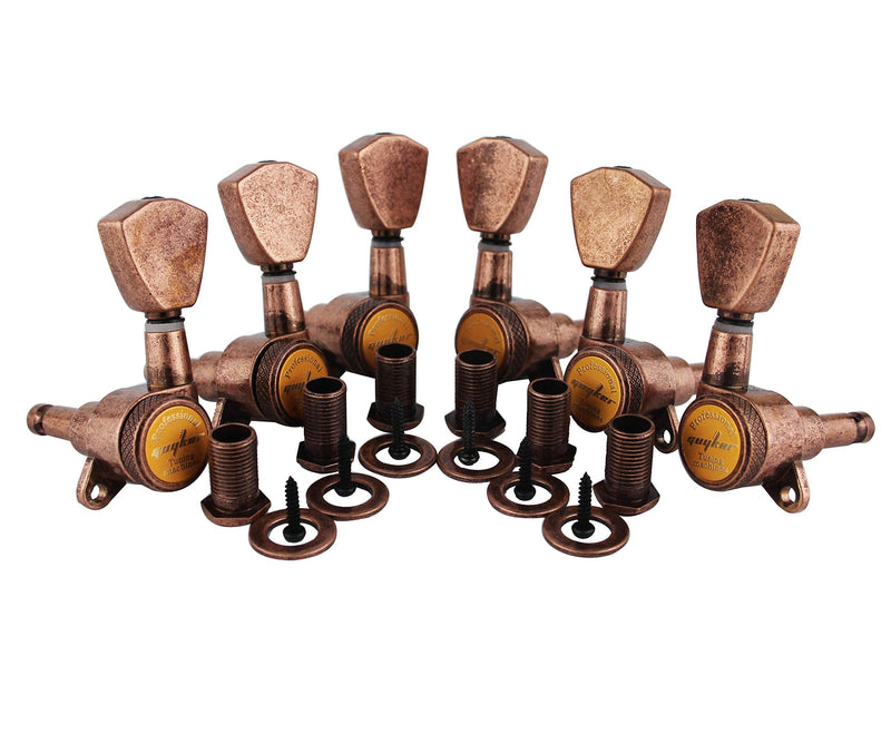 Guyker Guitar Locking Tuners (3L + 3R Handed) - 1:18 Models Rear Lock String Tuning Key Pegs Machine Head with Trapezium Button Antique Bronze, GK04SP