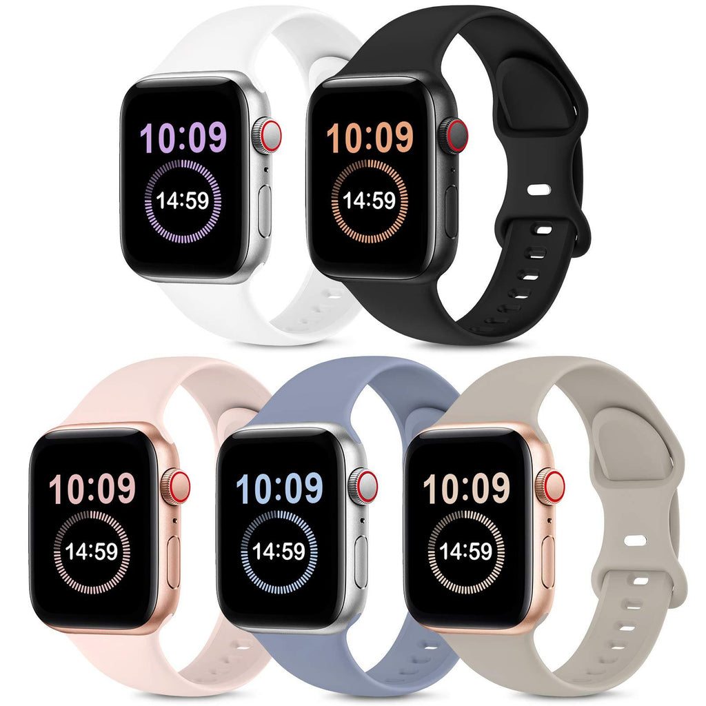 5 Pack Bands Compatible with Apple Watch Band 38mm 40mm 42mm 44mm, Soft Silicone Sport Replacement Strap Compatible with iWatch Series 6 5 4 3 2 1 SE Women Black/White/Stone/Pink Sand/Lavender Gray 38mm/40mm S/M