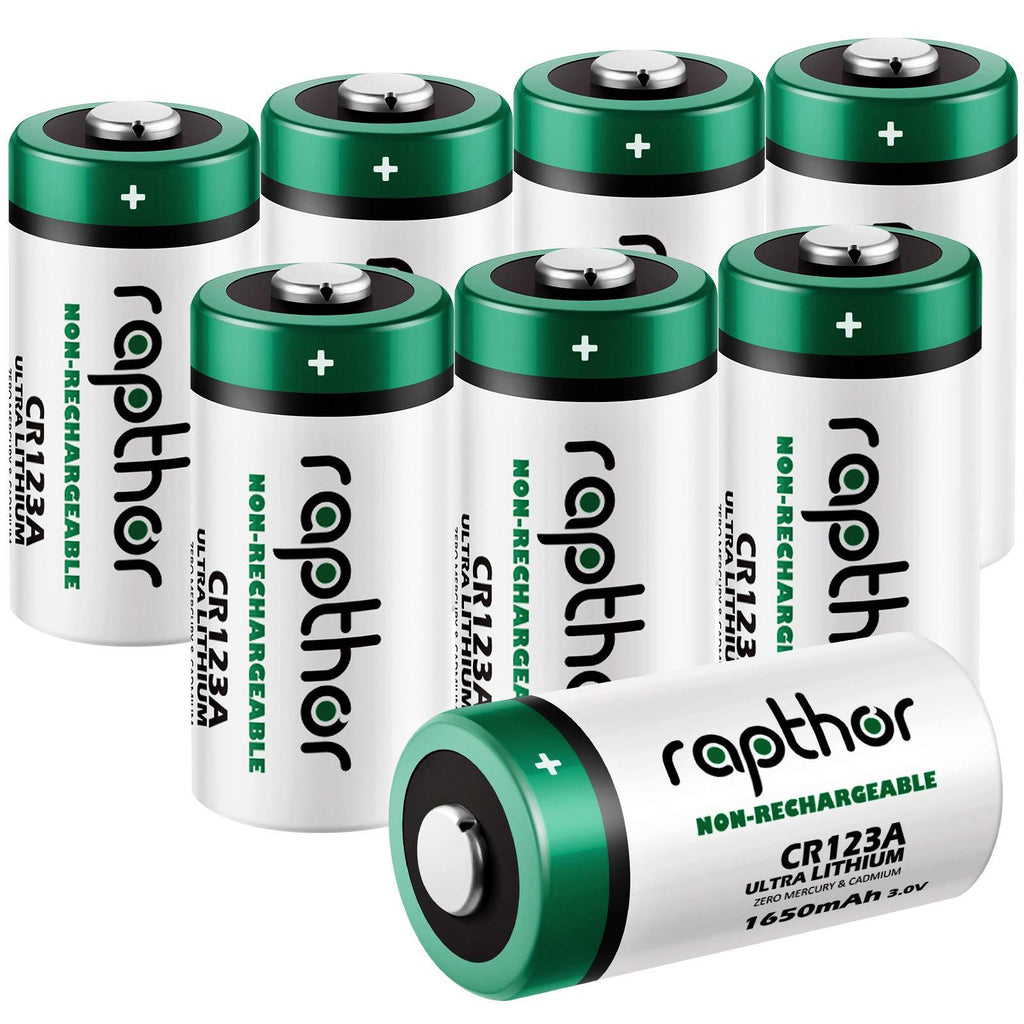 Rapthor CR123A Lithium Batteries 3V 1650mAh, 8 Pack High Power Photo Battery PTC Protected for Cameras Flashlight Alarm Smart Sensors CR123A Batteries (Non-Rechargeable, Not for Arlo) (Pack of 8) Pack of 8