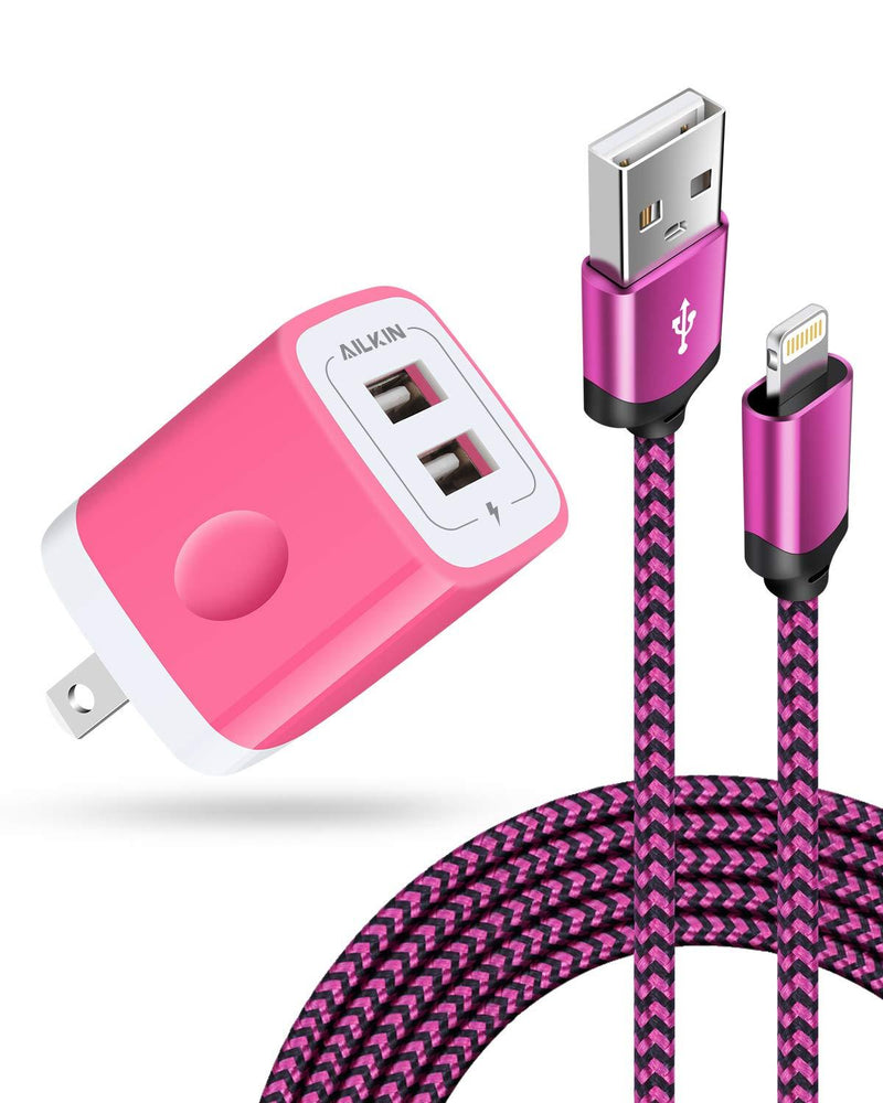 [Apple MFI Certified] iPhone Charger for 12/12 Mini/12 Pro/12 Pro Max/SE/11/11 Pro/11Pro Max/XS/XR/8/7/6s, iPad, iPod, AILKIN Fast Charging Braided Cable with USB Wall Charger, Dual USB Block 6ft Cord pink