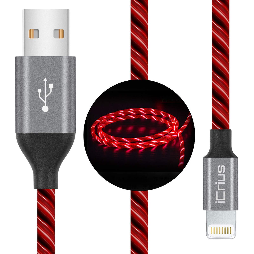 iCrius iPhone Charger Cable, MFi Certified 3ft LED Light Up Visible Flowing Lightning Charger Charging Cord Compatible with iPhone12 Plus/XS/XR/X /8 Plus / 8/7 Plus / 7, iPod Touch More (Red) Red