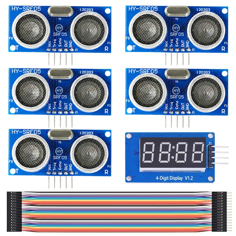 DAOKI 5Pack HY-SR05 Ultrasonic Module 5V 5Pin Distance Detection Sensor for Arduino with TM1637 LED Display Module, Dupont Cable